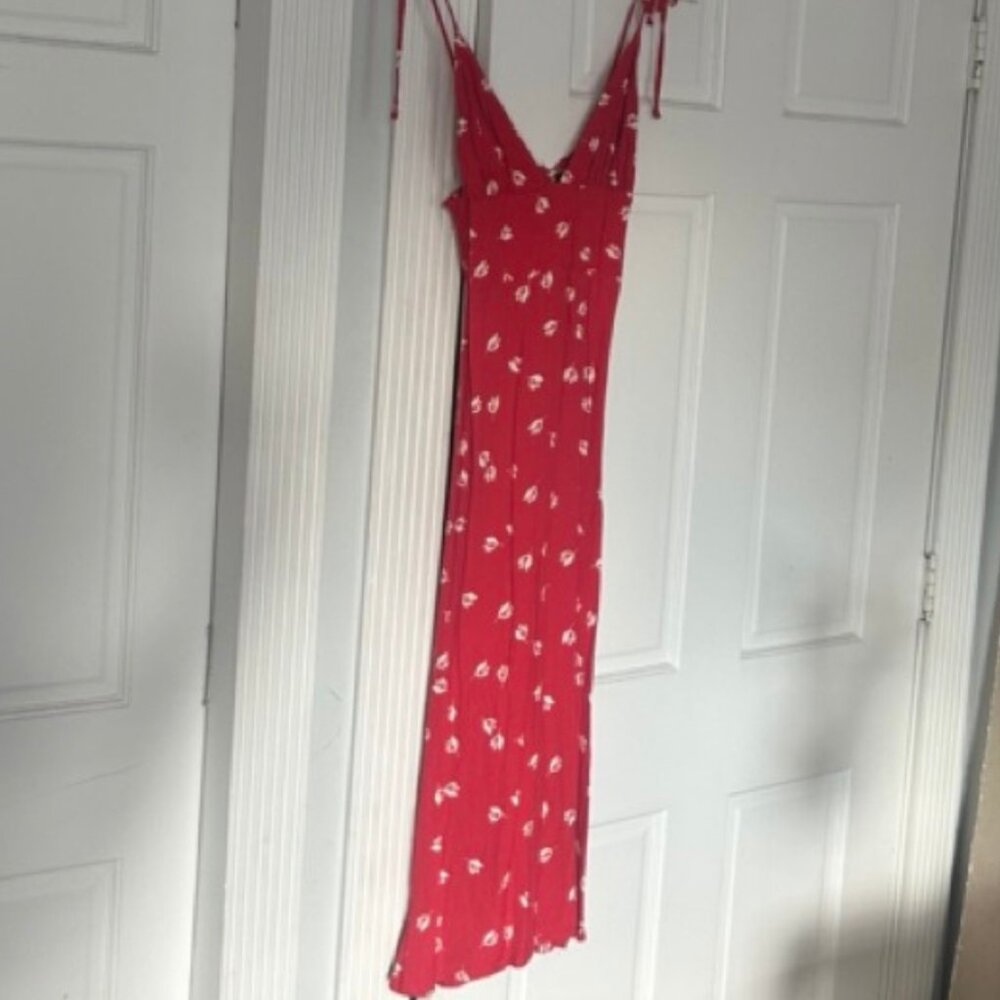 Reformation Red White Floral Middie Dress Drawstring Shoulder Side Zip Size 2